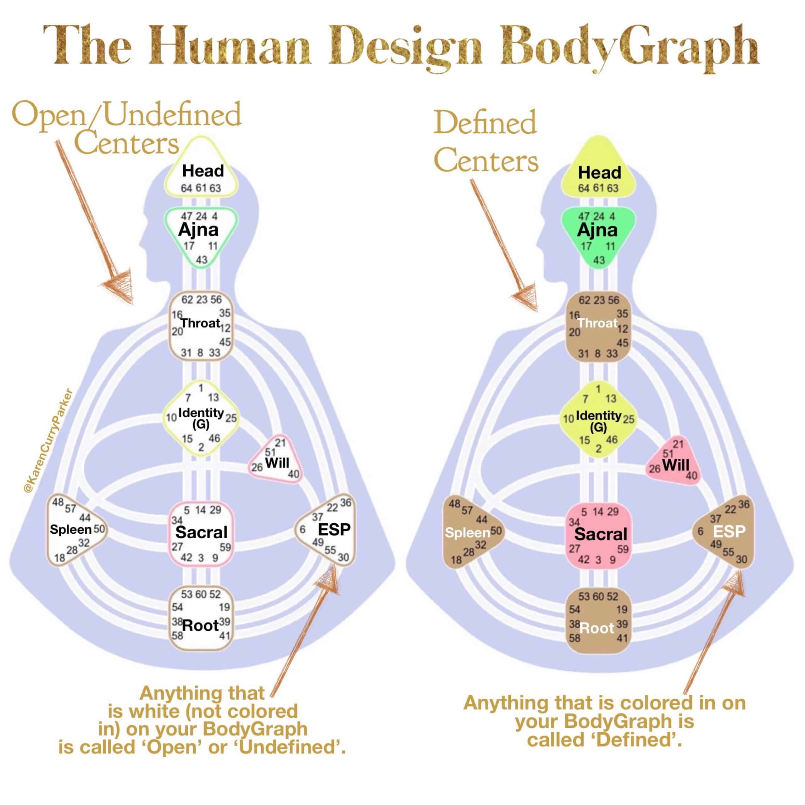 2 Body Graphs side by side - one showing open centers and the other showing defined centers in Human Design
